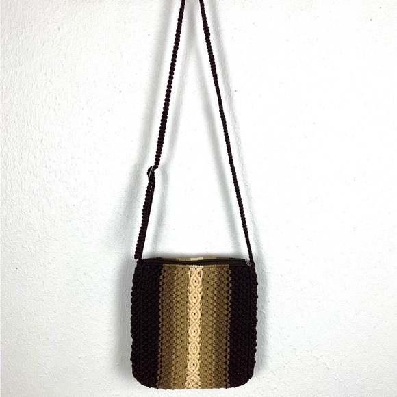 Macrame Crossbody Boho Style Purse Neutral Brown Tan Cream with Adjustable Strap - Picture 2 of 15